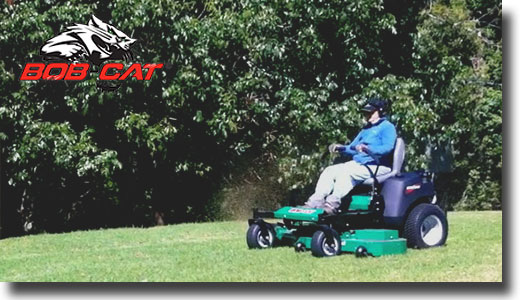 a Bobcat zero turn mower on a lush Queensland lawn